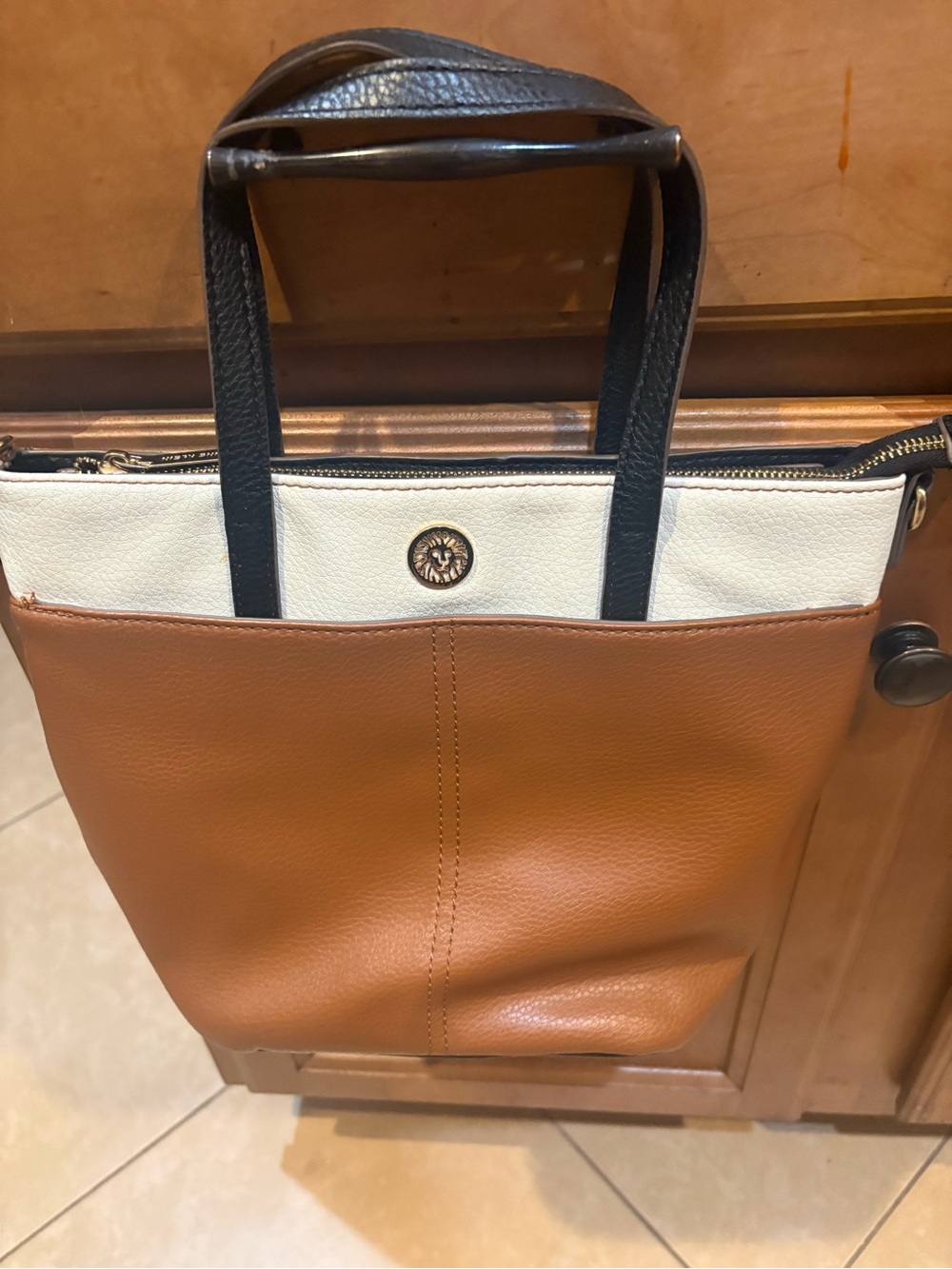 Anne Klein Tan and White Tote with Black Handles
